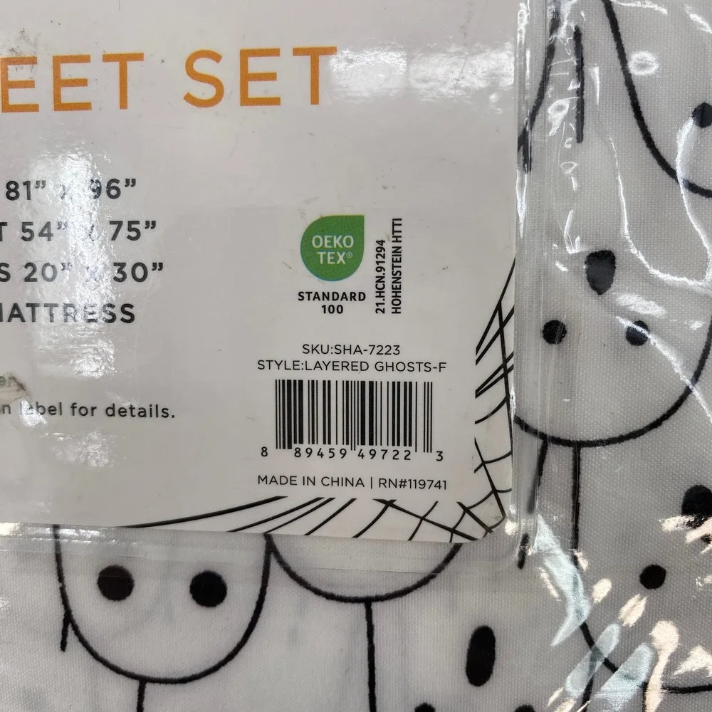 Trick or Treat Ghost Sheet Set FULL White Black Halloween Spooktacular Spooky